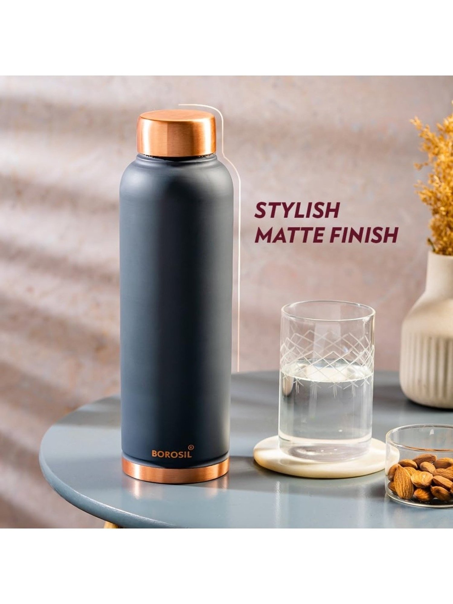 Borosil Grey Copper Bottle With Double Wall Vacuum (1 L)