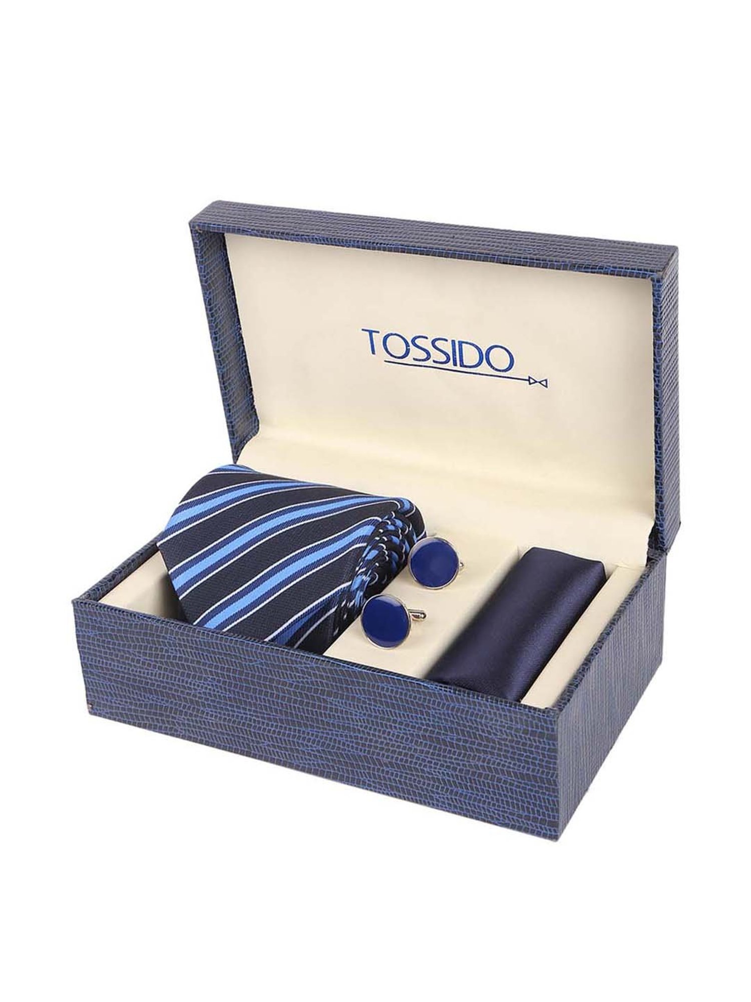 Tossido Blue Woven Necktie With Pocket Square and Cufflinks