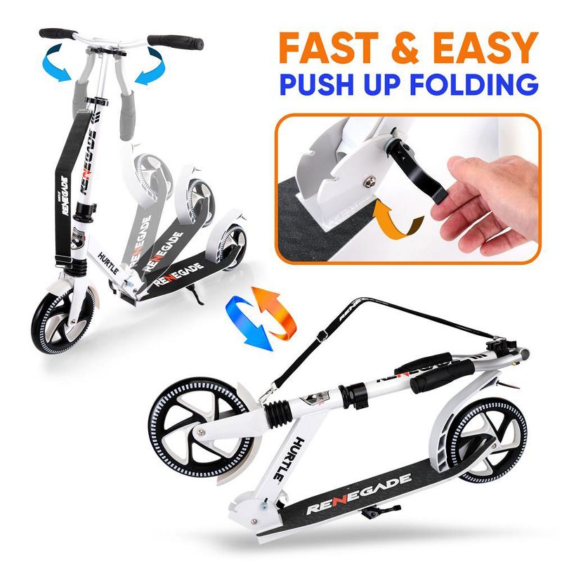Hurtle Renegade Lightweight Foldable Teen and Adult Adjustable Ride On 2 Wheel Transportation Commuter Kick Scooter, White