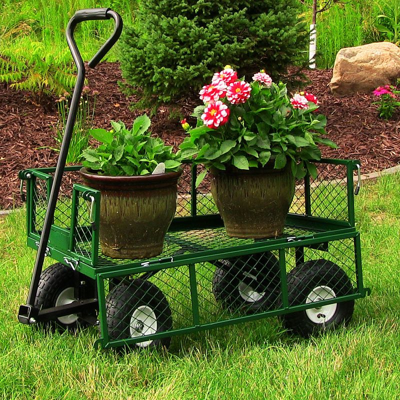 Sunnydaze Outdoor Lawn and Garden Heavy-Duty Durable Steel Mesh Utility Wagon Cart with Removable Sides - Green
