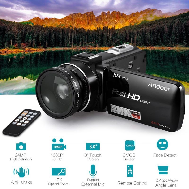 Andoer HDV-Z82 1080P Full HD 24MP Digital Video Camera Camcorder with 0.39X Wide Angle + Macro Lens 3" LCD Touchscreen Remote Control LED Light Support 10X Optical Zoom External Microphone Anti-Shake