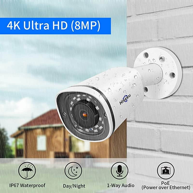 4K PoE Security Camera System, 8CH 8MP Home Surveillance NVR System with 3TB HDD, 4Pcs 4K IP Wired Camera with Night Vision for Indoor Outdoor Security, 30 Days Video/Audio Loops Recording