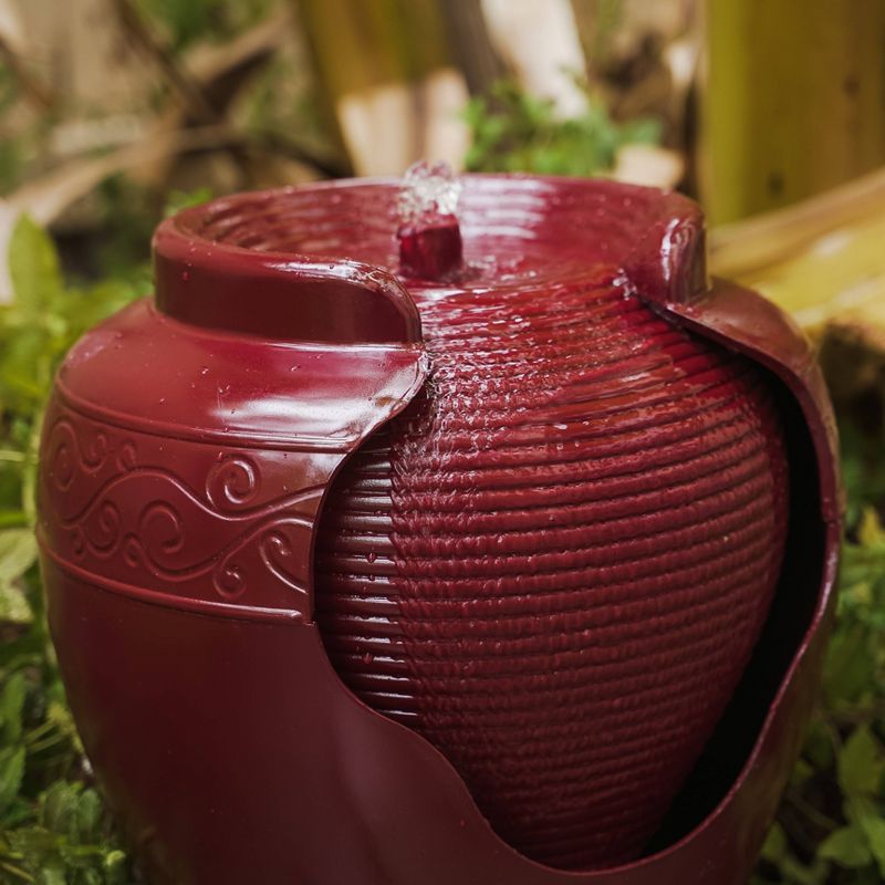 17" Indoor/Outdoor Round Vase Waterfall Fountain with Ridges Red - XBrand