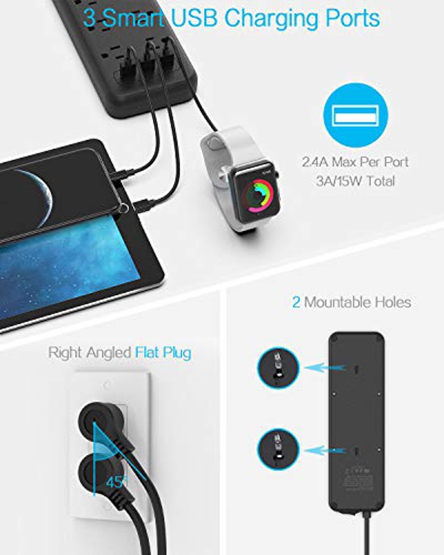 Power Strip, TESSAN Surge Protector Flat Plug 12 AC Widely Spaced Outlets with 3 USB Charging Ports,1875W 15A, 1700 Joules, Wall Mount, 5 Feet Extension Cord, for Home Office Computer TV, Black