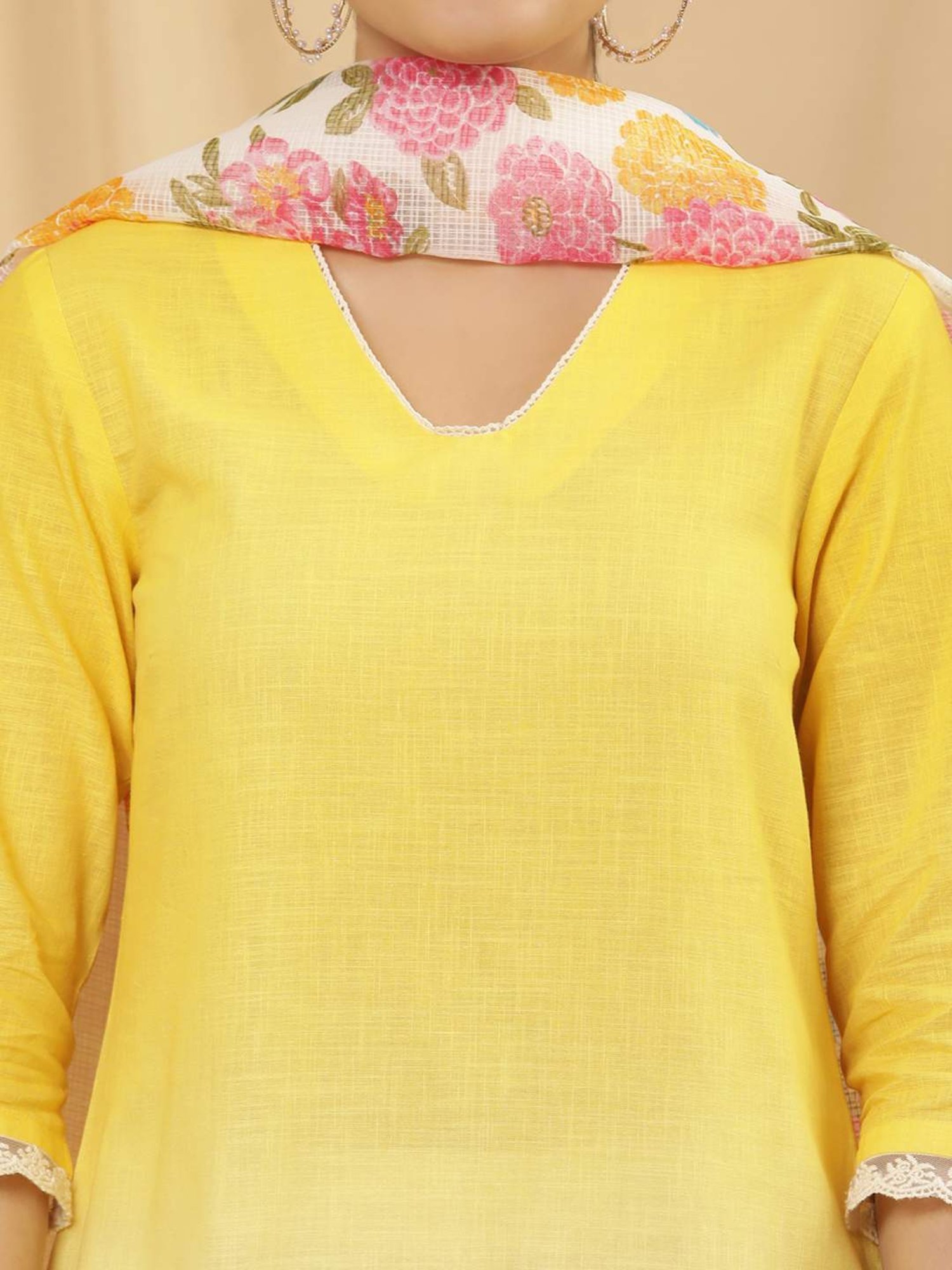 W Yellow & White Cotton Embroidered Kurta Palazzo Set With Dupatta