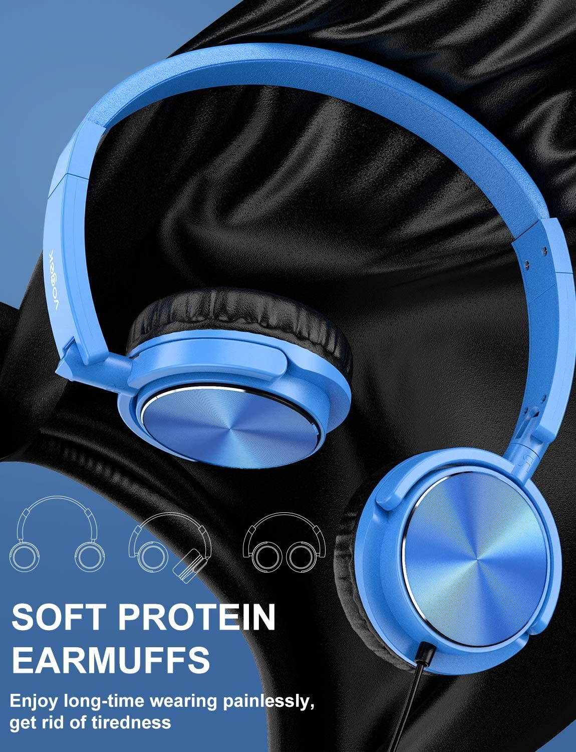 Vogek Foldable Headphones with Microphone Portable Wired Headset with Deep Bass Safe Volume Limited 94dB Adjustable Headband and Noise Isolation for Kids Students Teens (Blue)