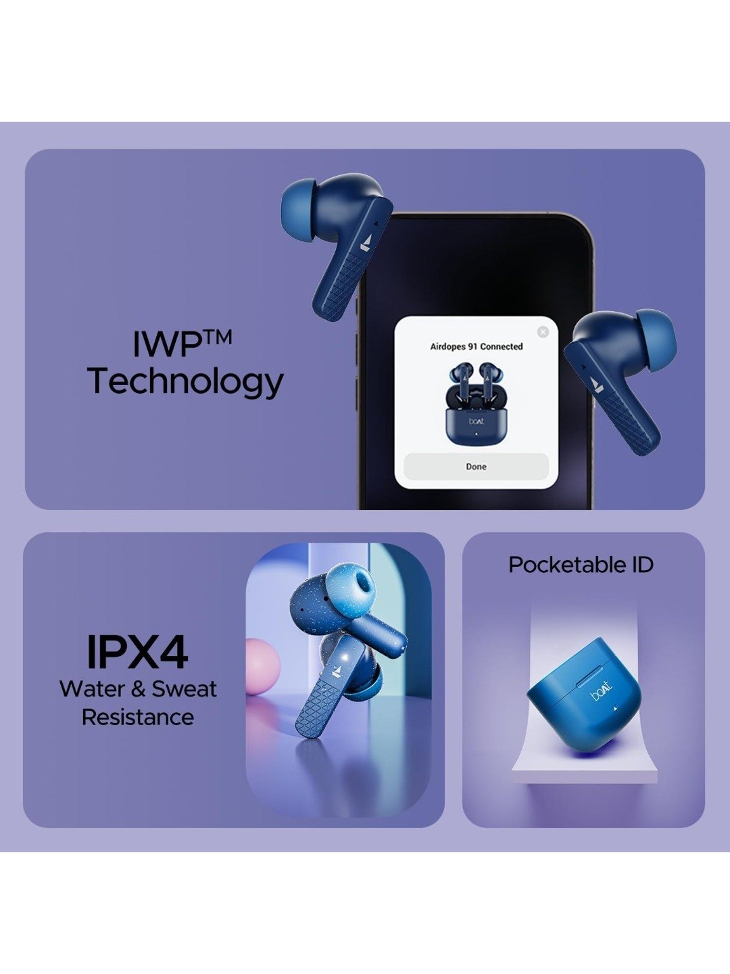 Boat Airdopes 91 Bluetooth Earbuds with Dual Mics, 45 hrs Playtime (Starry Blue, True Wireless)