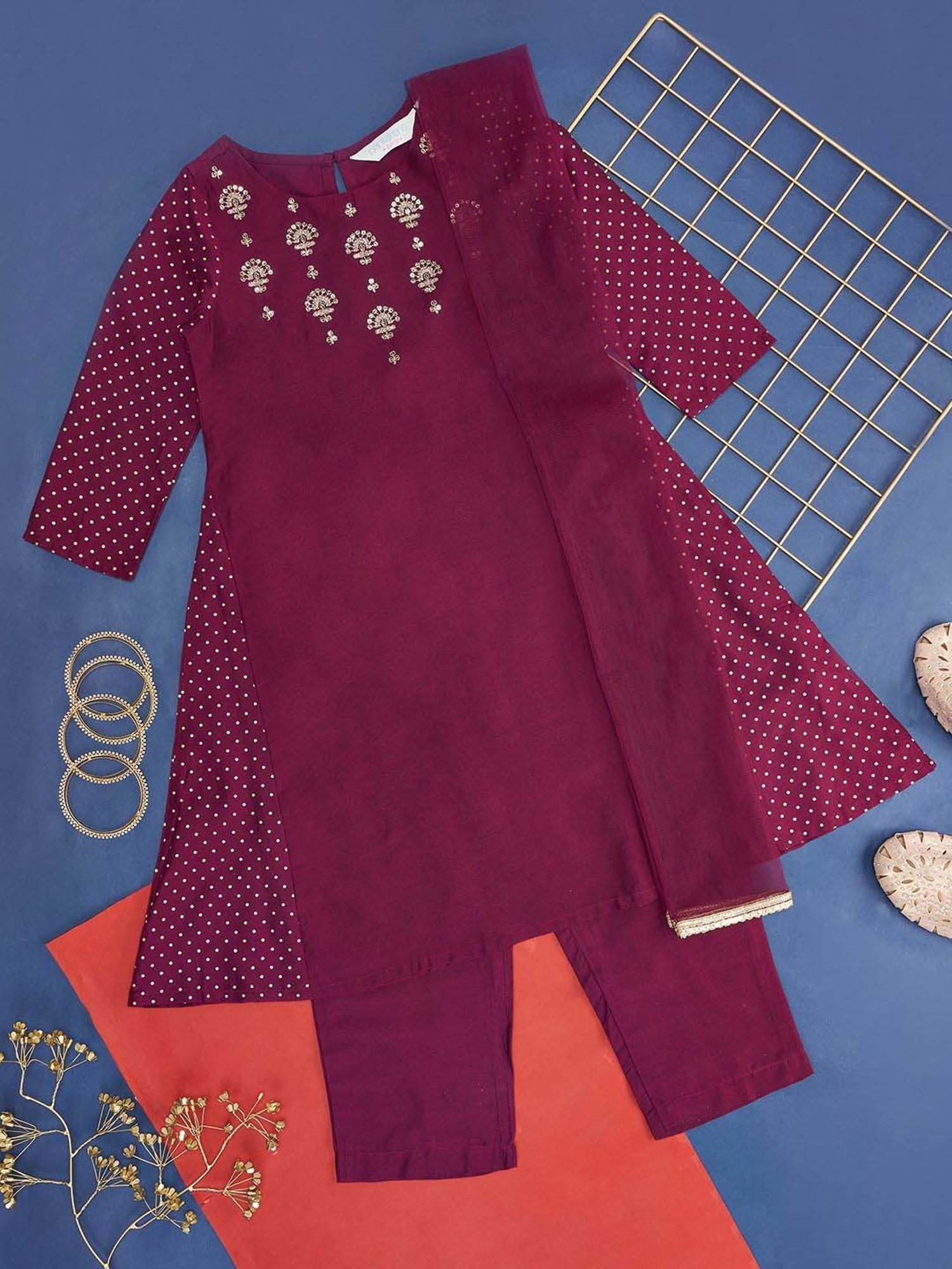 Akkriti by Pantaloons Kids Wine Embroidered Kurta Set