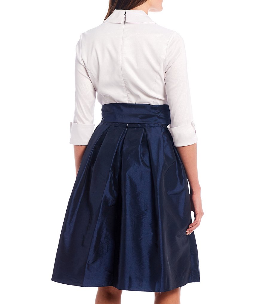 Jessica Howard V-Neck 3/4 Sleeve Collared Pleat Tie Front Dress