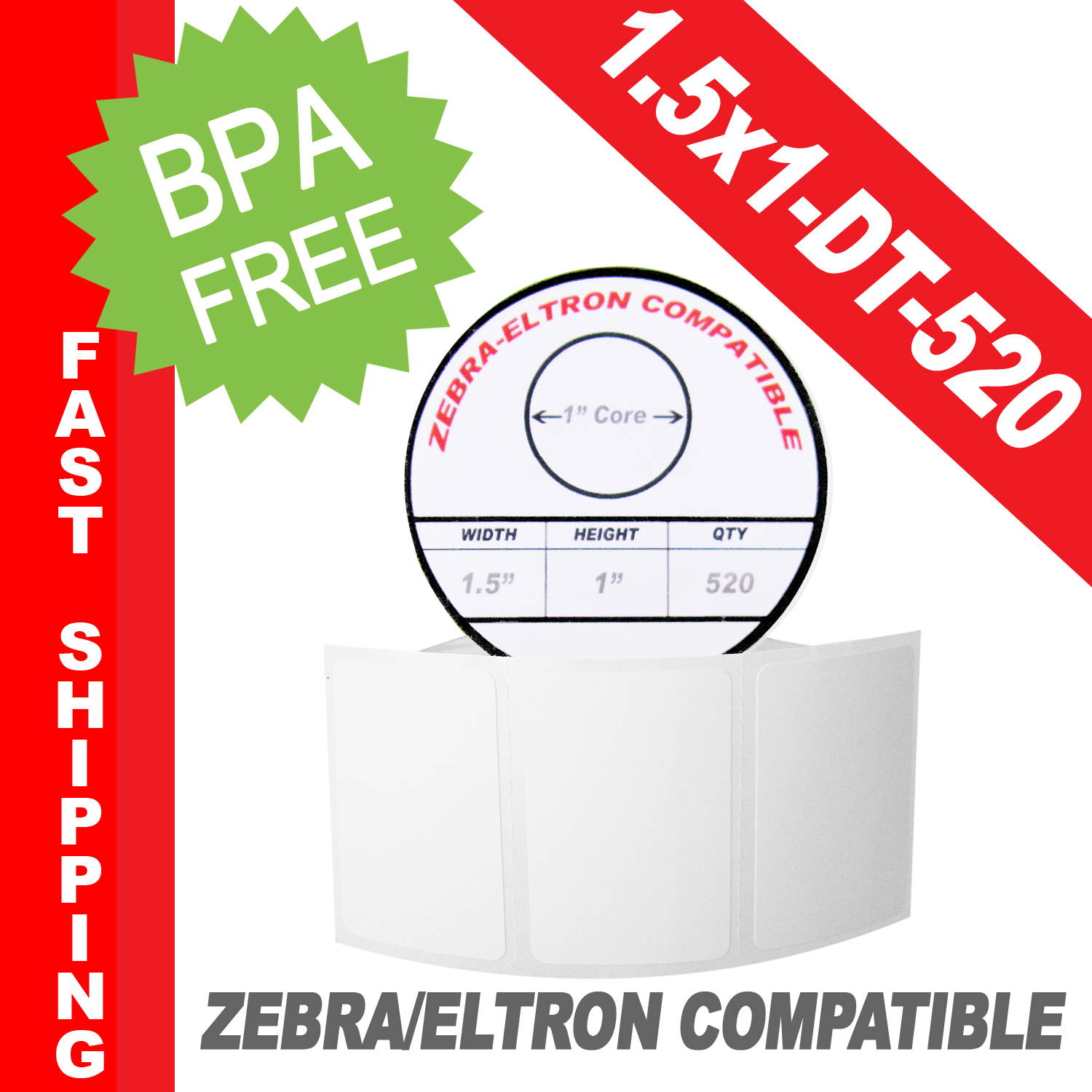 Zebra/Eltron-Compatible 1.5 x 1 Labels (1-1/2" x 1") -- BPA Free! (1 Roll; 520 Labels per Roll)