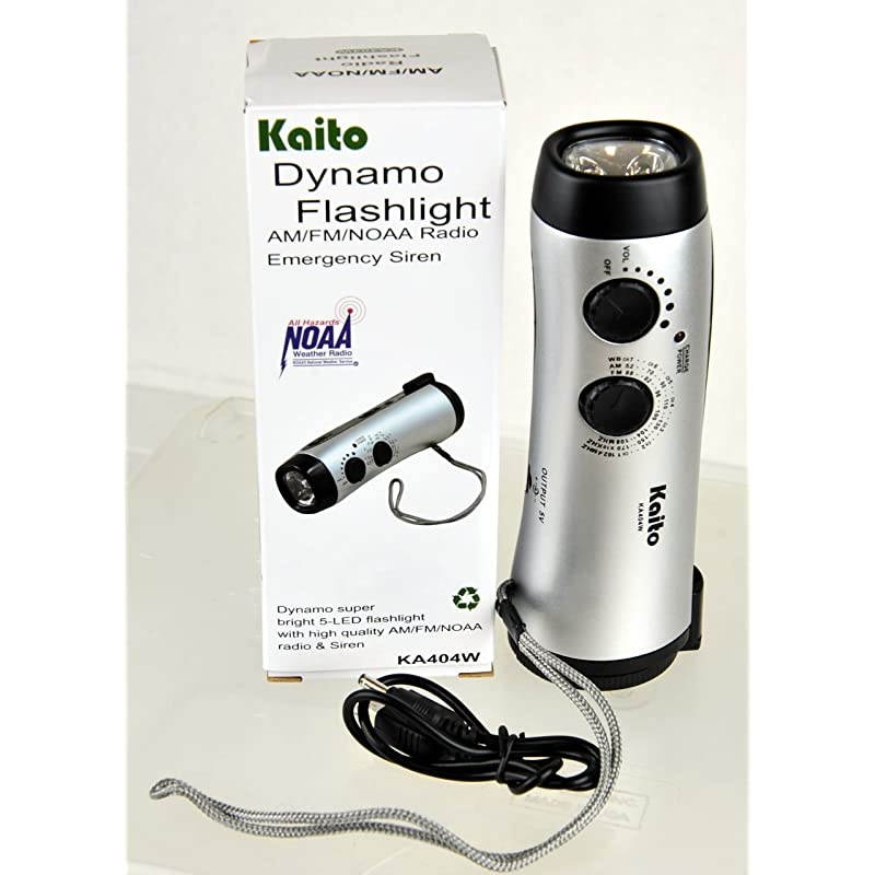 KA404W Wind-up 5-LED Flashlight with AM/FM NOAA Weather Radio, Cell Phone Charger & Emergency Siren with Micro USB Port and Cable