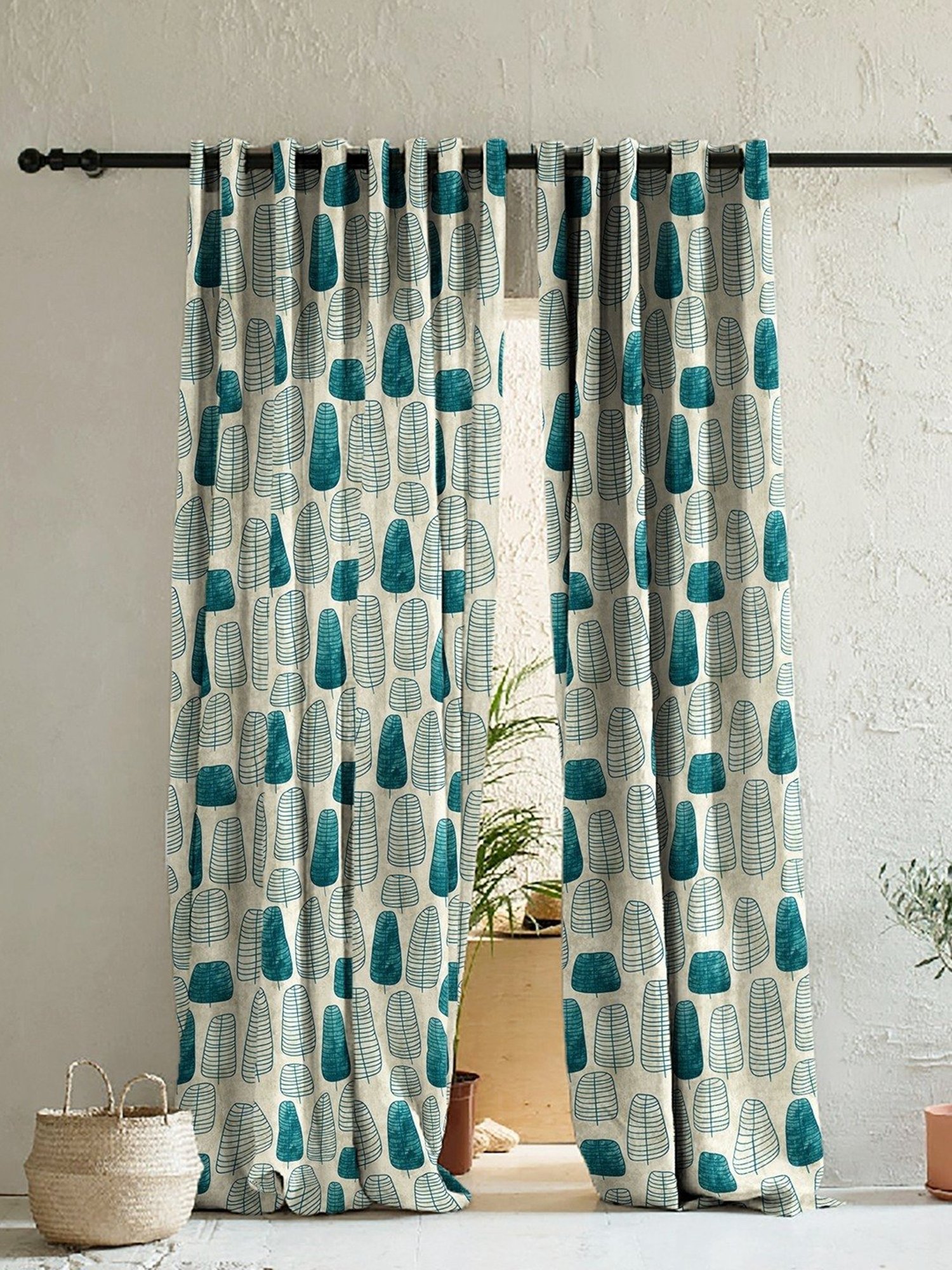 SPACES DRAPE STORY Elegent Grey & Green Polyester 8 FT Door Curtain - Set of 2