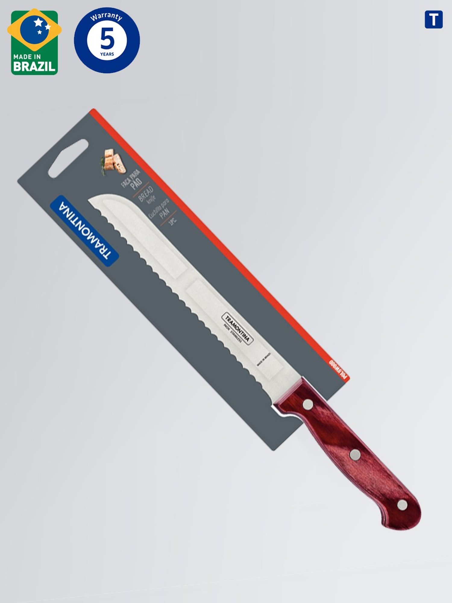 Tramontina Polywood Stainless Steel Bread Knife 7" Serrated Edge Polywood Handle Kitchen Knife