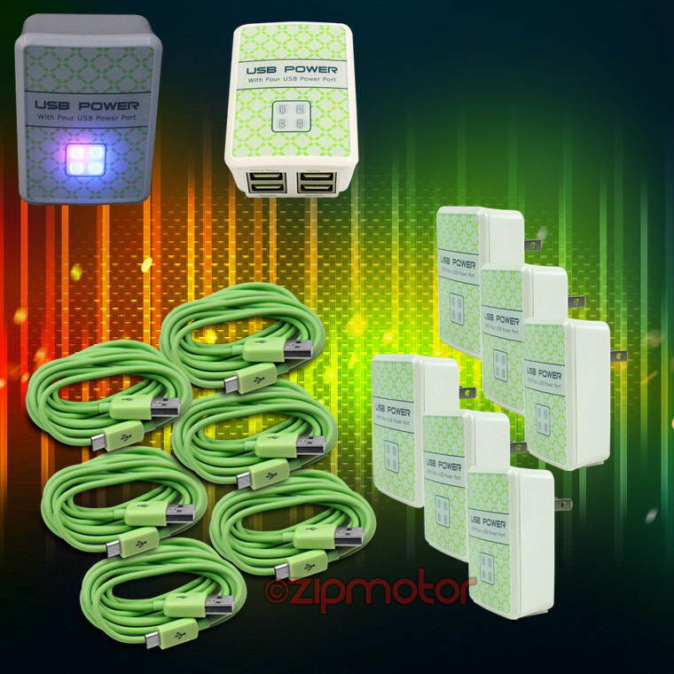 6X 4 USB PORT WALL ADAPTER+3FT CABLE CHARGER GREEN LG G2 OPTIMUS KINDLE FIRE HD