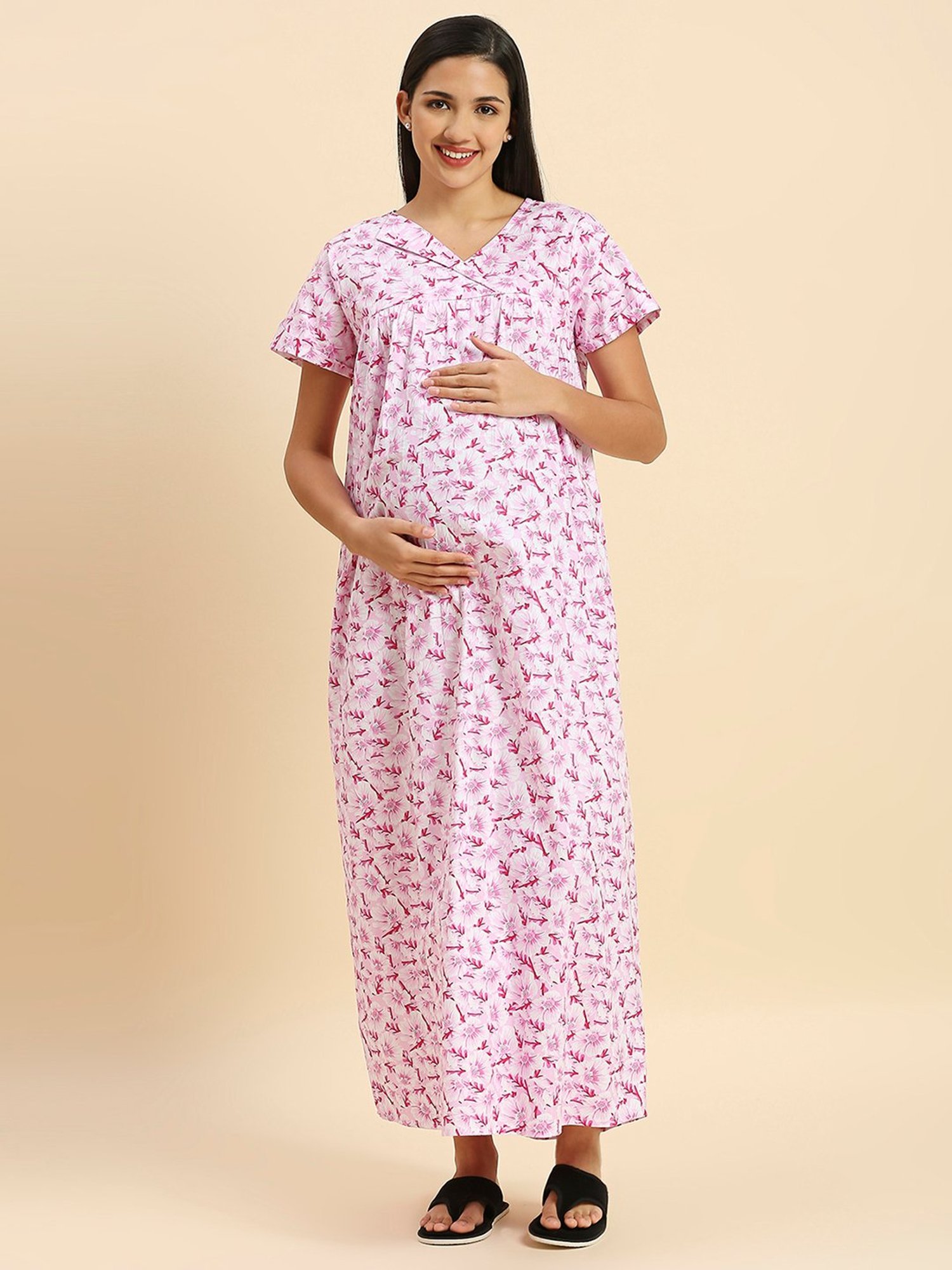 MomToBe Pink Cotton Floral Print Feeding Nighty