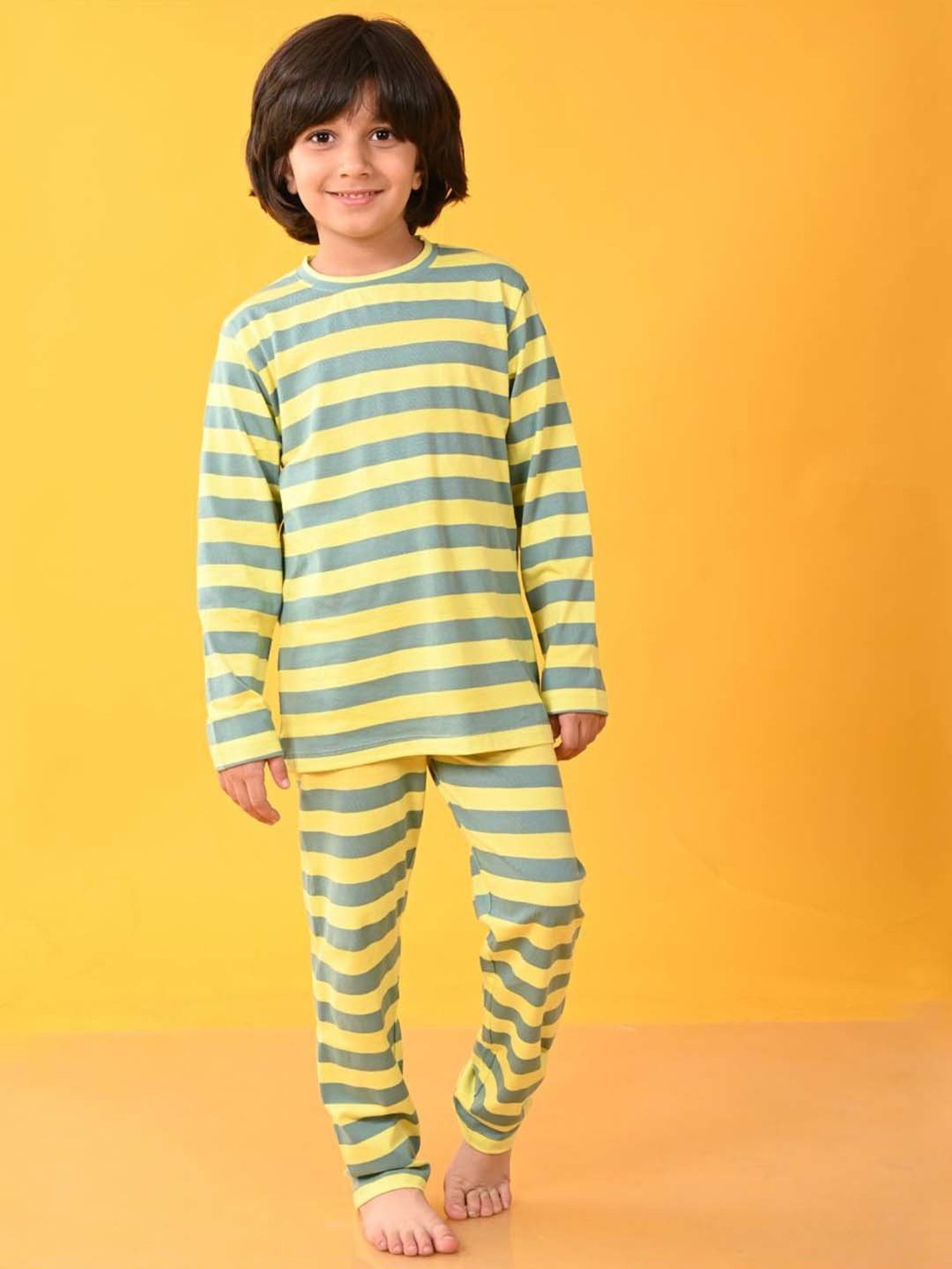 Anthrilo Kids Green Cotton Striped Full Sleeves T-Shirt & Trouser