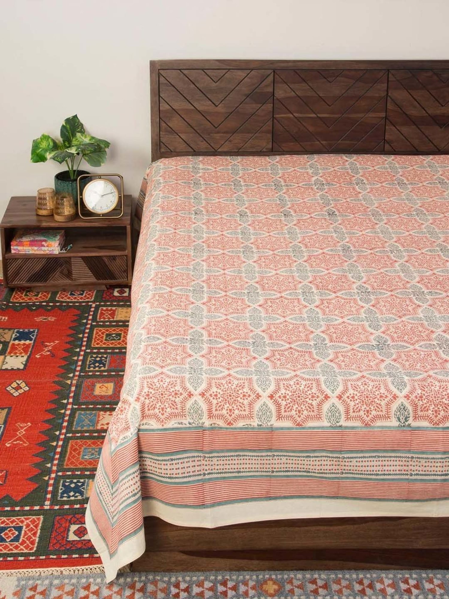 Fabindia Home Standalone Red & Grey Cotton 118 TC 163 GSM Hand Block Printed Double Bed Cover