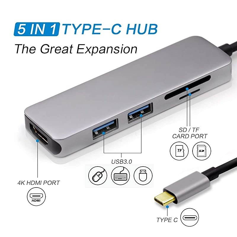 C Hub Type C Dock Adapter C Dock 5 in 1 with 4K HDMI 30Hz 2 30 Ports SDTF Card Reader Compatible with MacBook ProAir and More TypeC Laptops or Devices