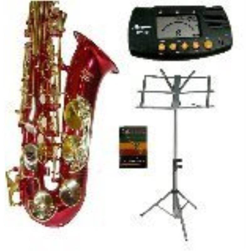 merano e flat red / gold alto saxophone with zippered hard case + mouth piece + metro tuner + black music stand + 11 reeds