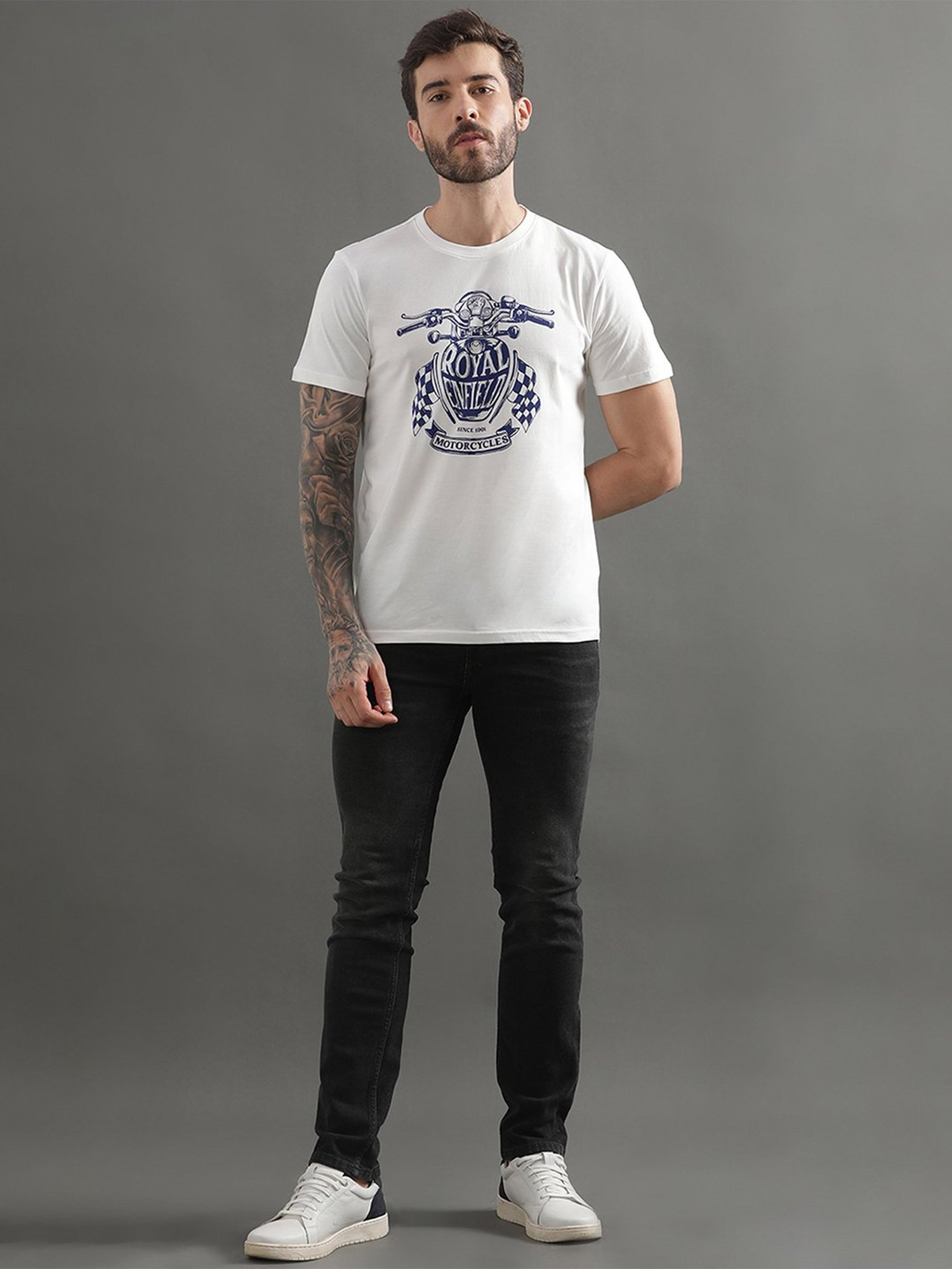Royal Enfield Classic White Regular Fit Printed Crew T-Shirt