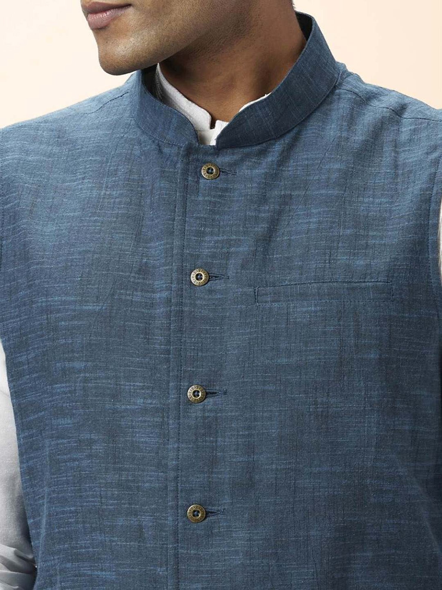 Indus Route By Pantaloons Navy Cotton Regular Fit Nehru Jacket