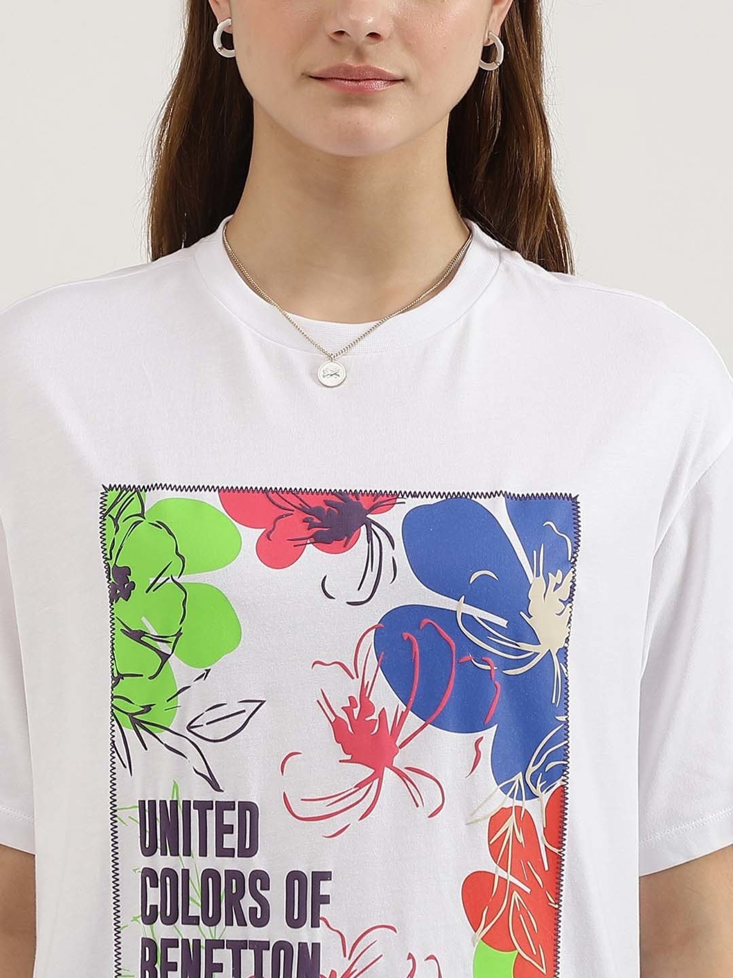 United Colors of Benetton White Cotton Printed T-Shirt