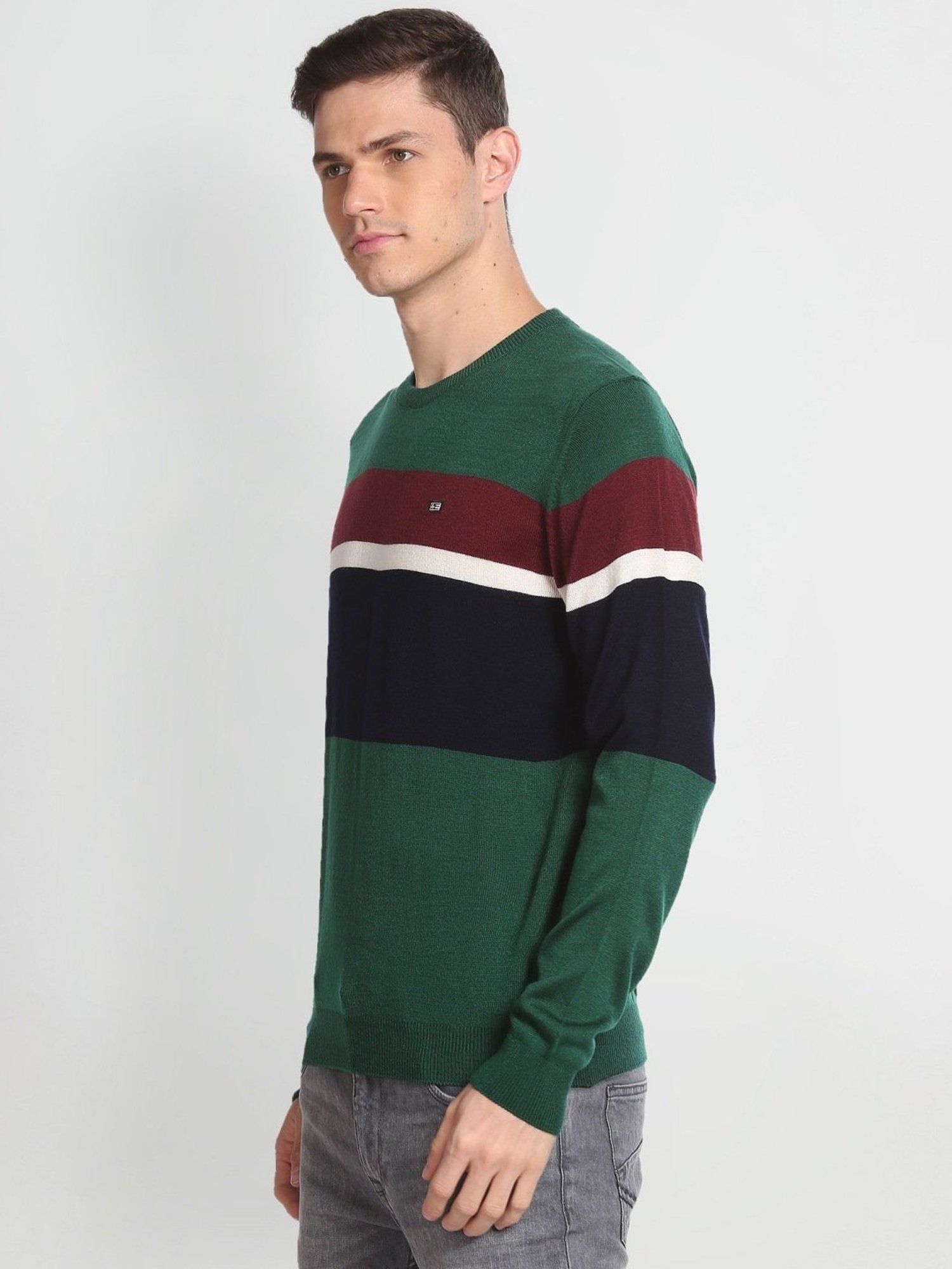 Arrow Sport Green Regular Fit Colour Block Sweater