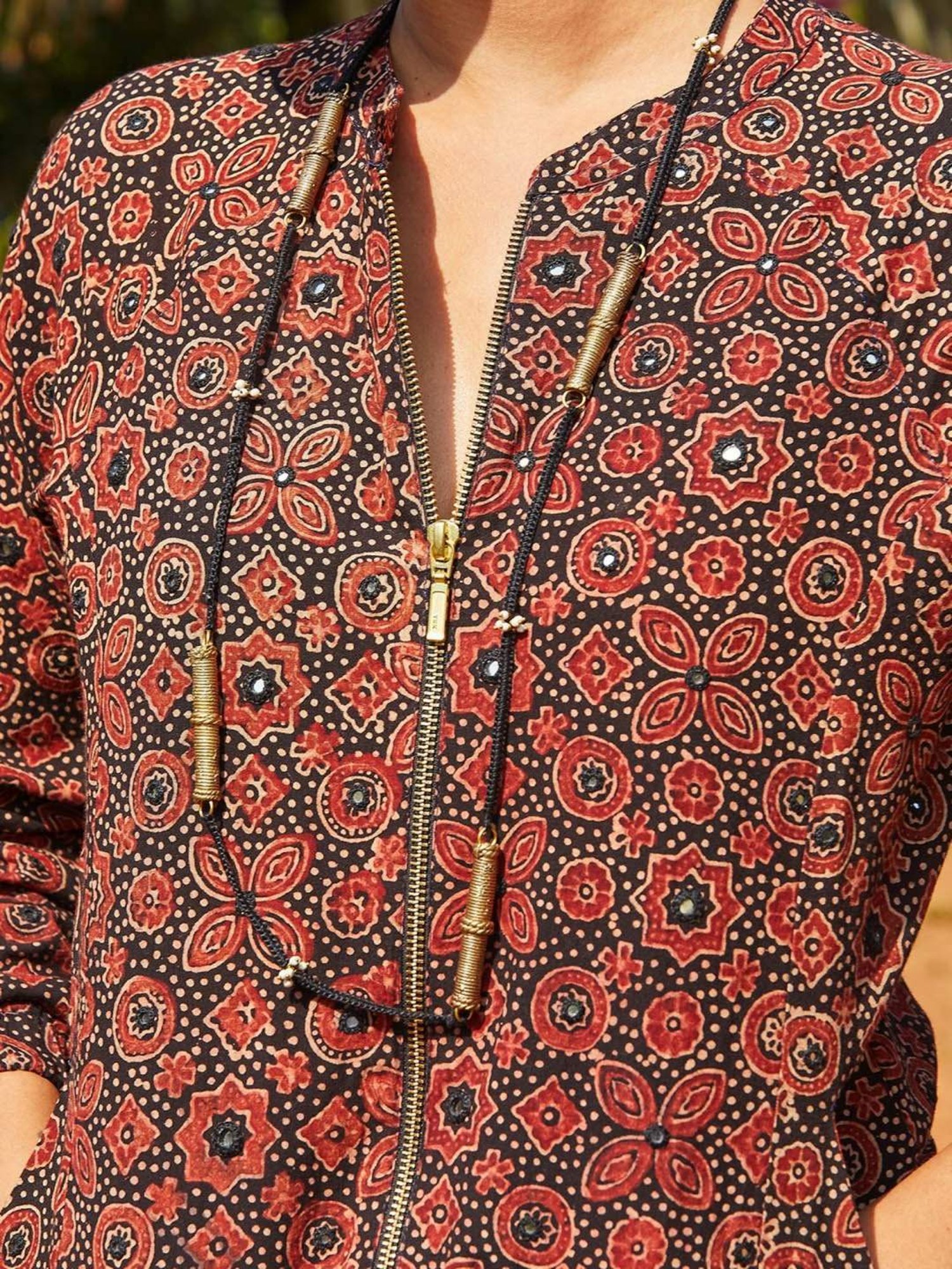 Okhai Maroon & Black Pure Cotton Embellished Bomber Jacket