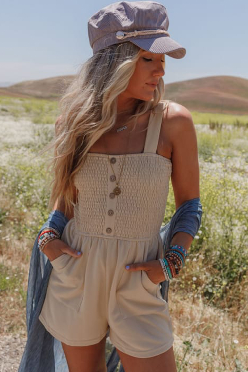 Dusk Blue Chest Pocket Front Buttoned Folded Edge Denim Short Sleeve Romper