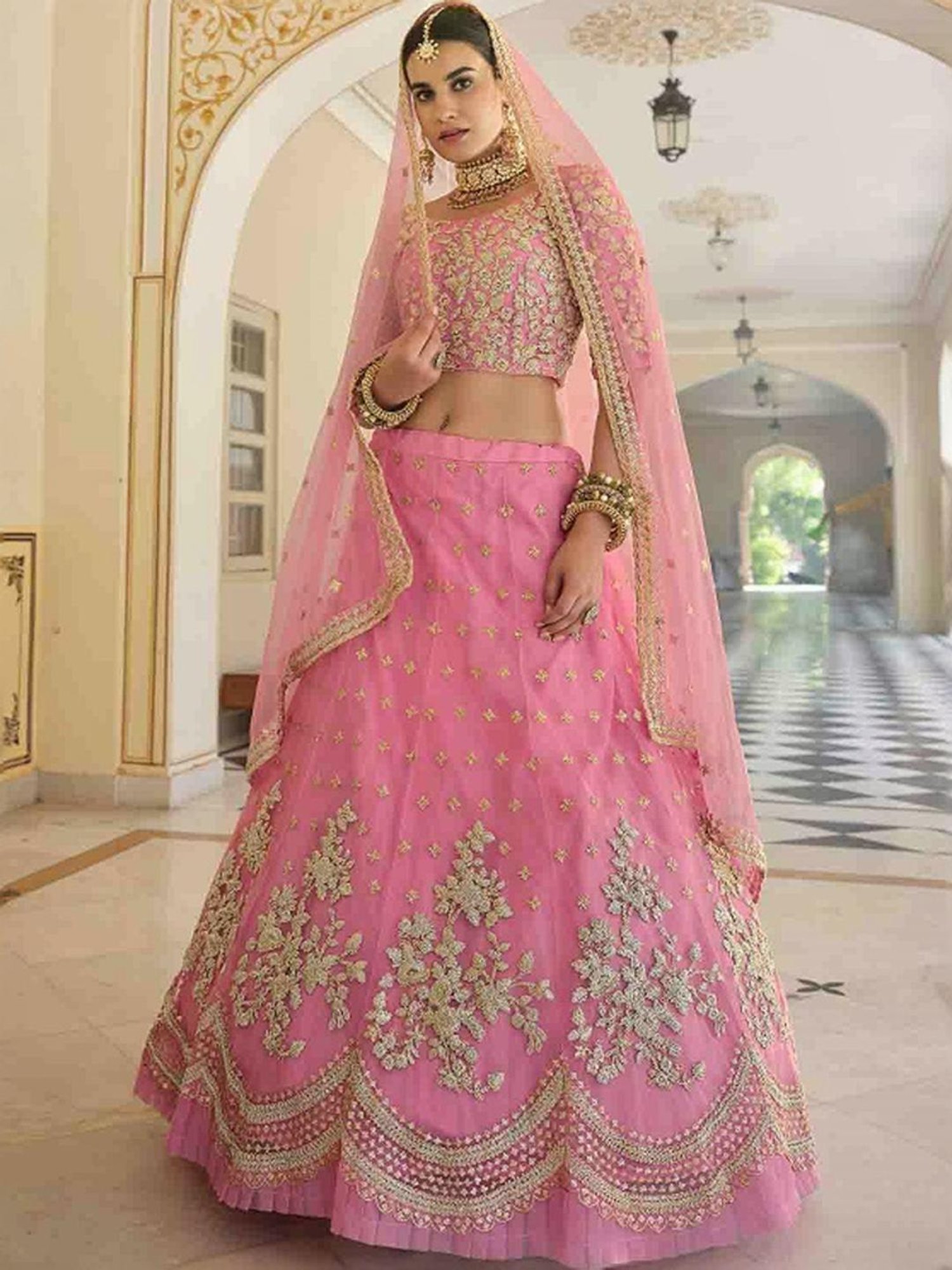 Odette Pink Embroidered Lehenga Choli Set With Dupatta