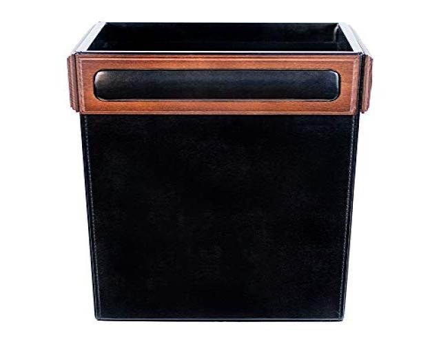 A8403 Square Waste Basket Walnut & Top-grain Black Leather