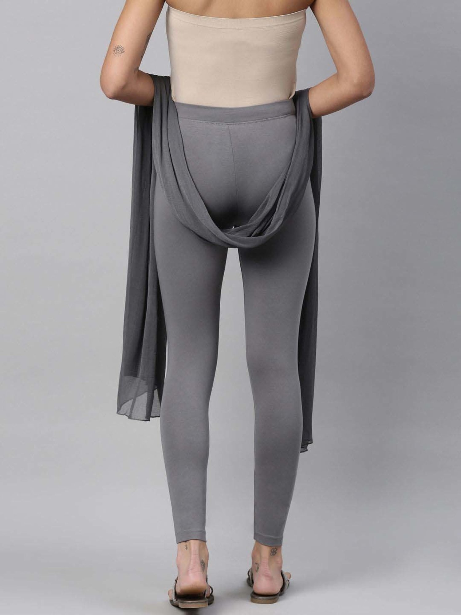 TWIN BIRDS Grey Cotton Ankle Length Leggings With Dupatta