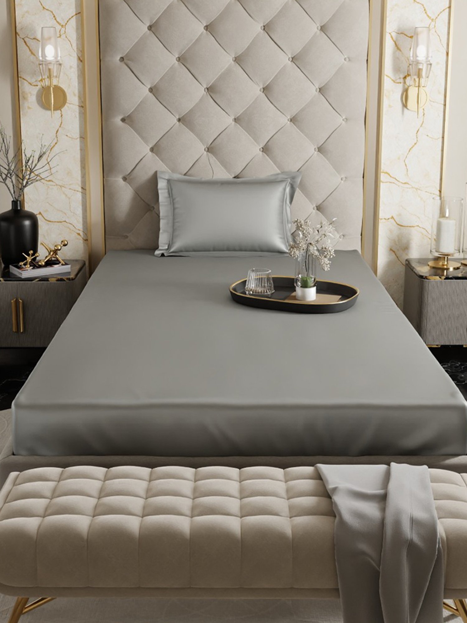 Stoa Paris Grey 300 TC Polyester Single Fitted Sheet with 1 Pillow Cover