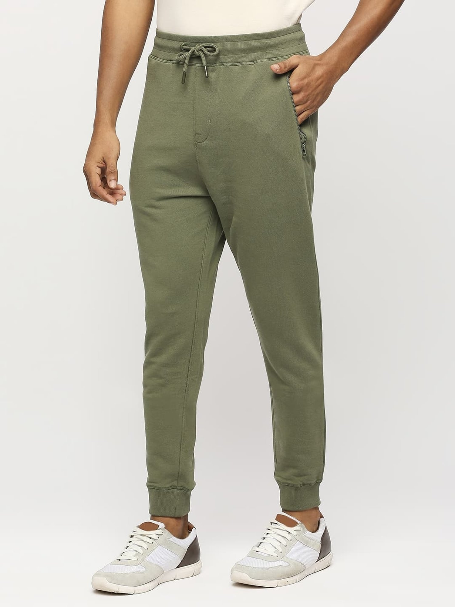 Basics Green Cotton Jogger Fit Texture Joggers