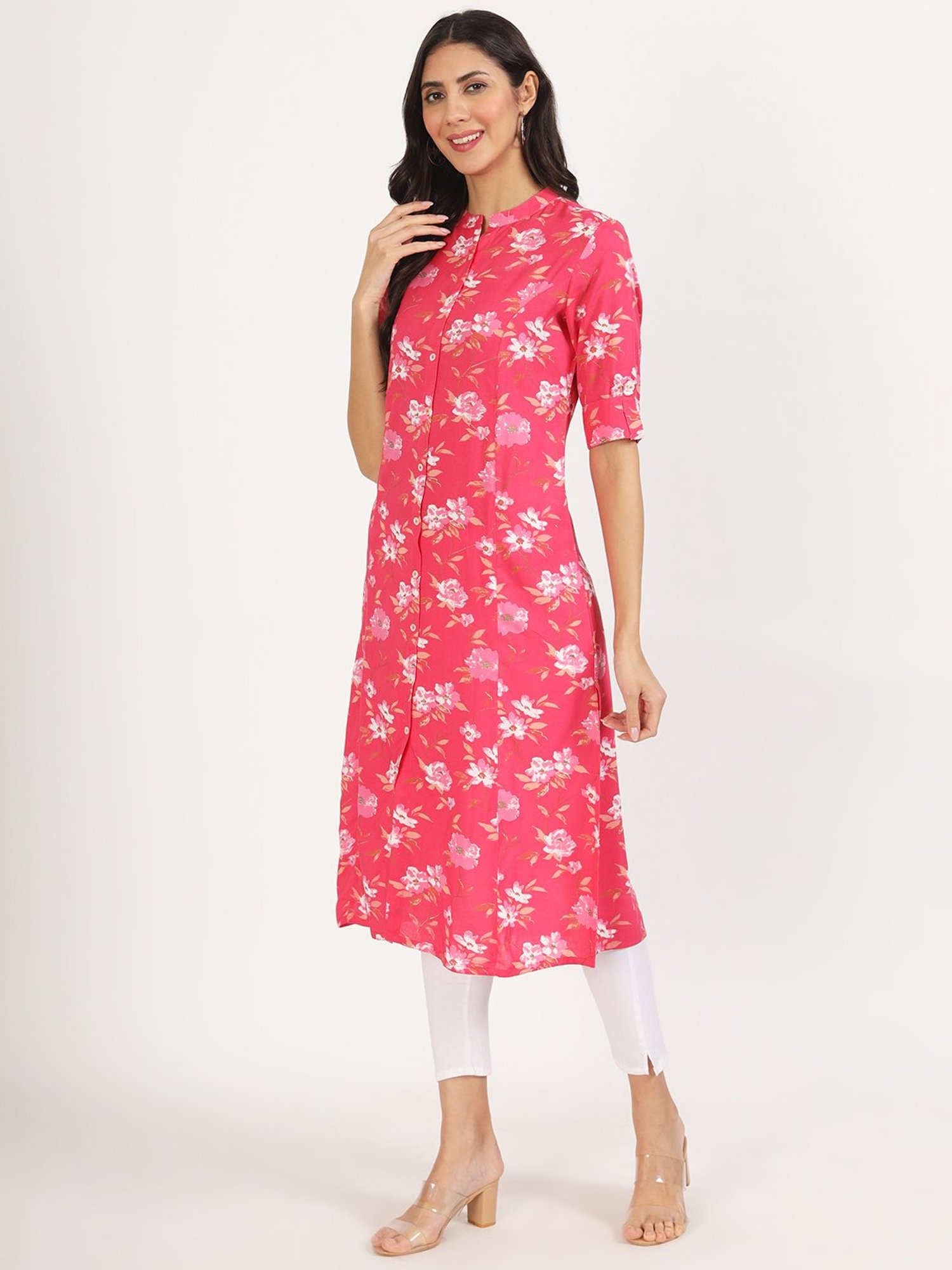 Divena Pink Floral Print A Line Kurta