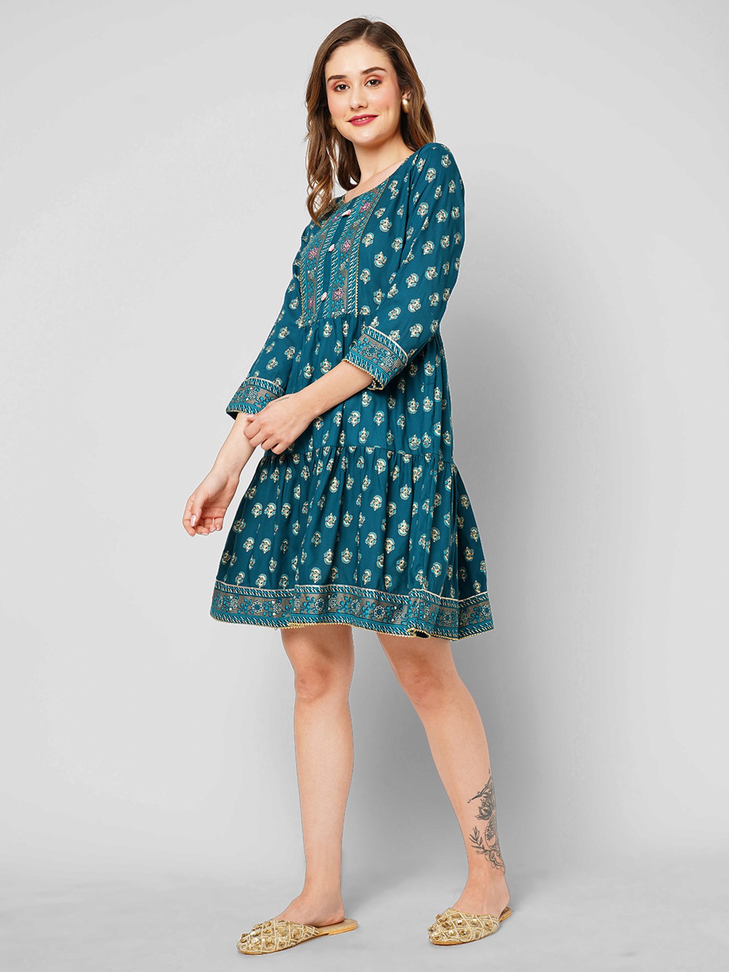 KIANA Blue Printed A-Line Dress