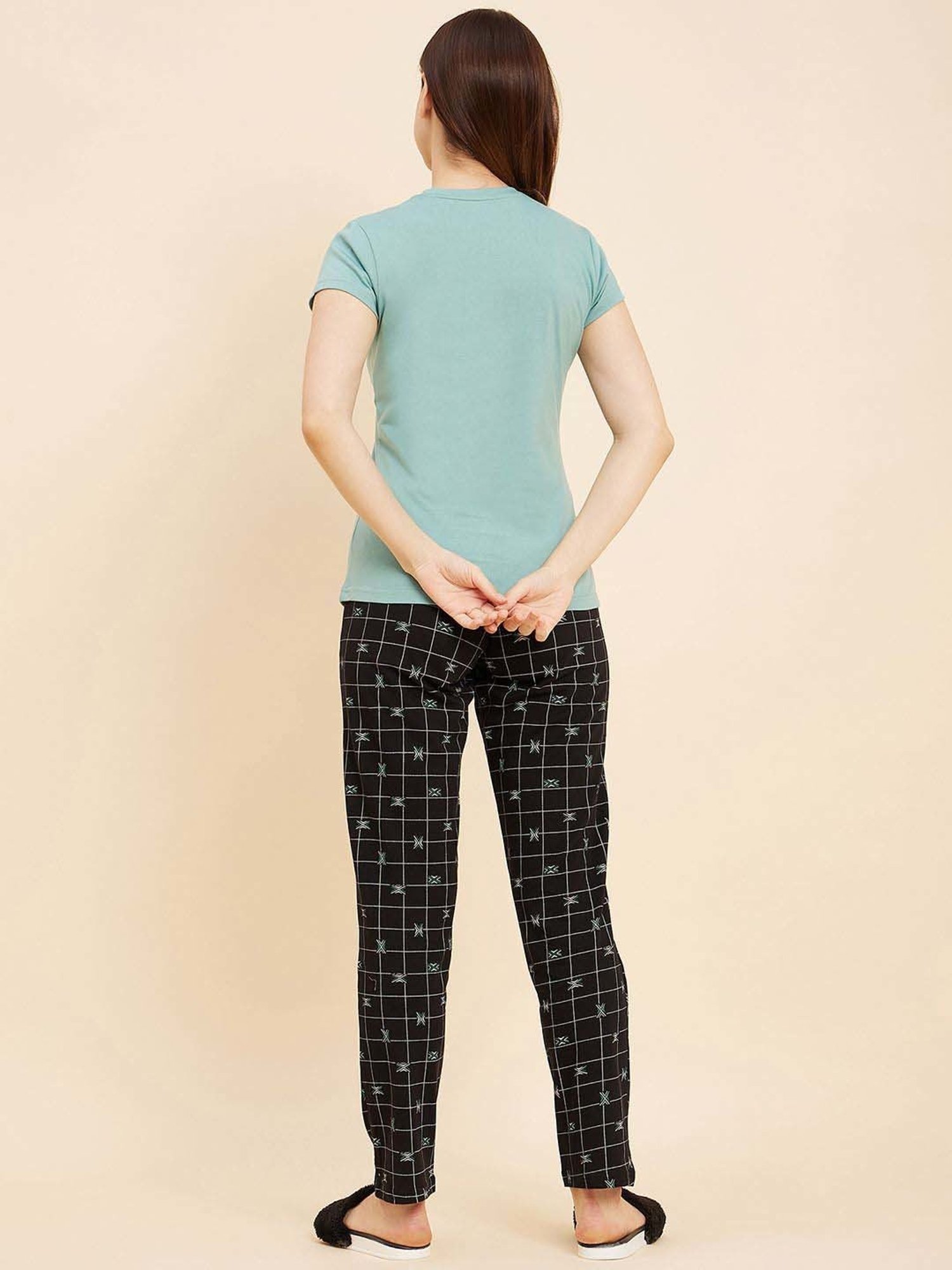 Sweet Dreams Marine Green & Black Cotton Printed T-Shirt Pyjama Set