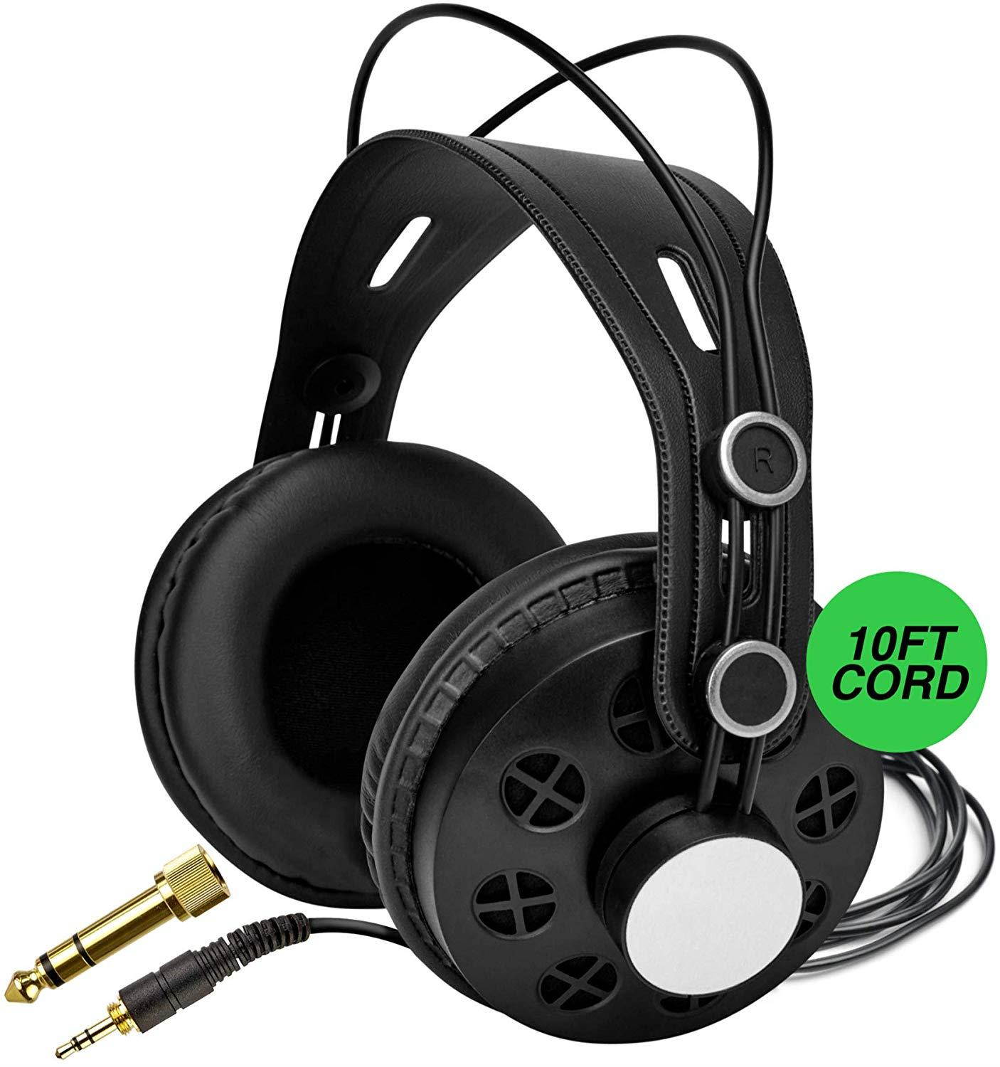 Knox Open Back Studio Headphones KN-HP200 - Recording, Music and Gaming Headphones with Powerful 50mm Driver and Deep Bass Sound - Adjustable Over Ear 10 ft Wired Head Phones with Jack and Adapter