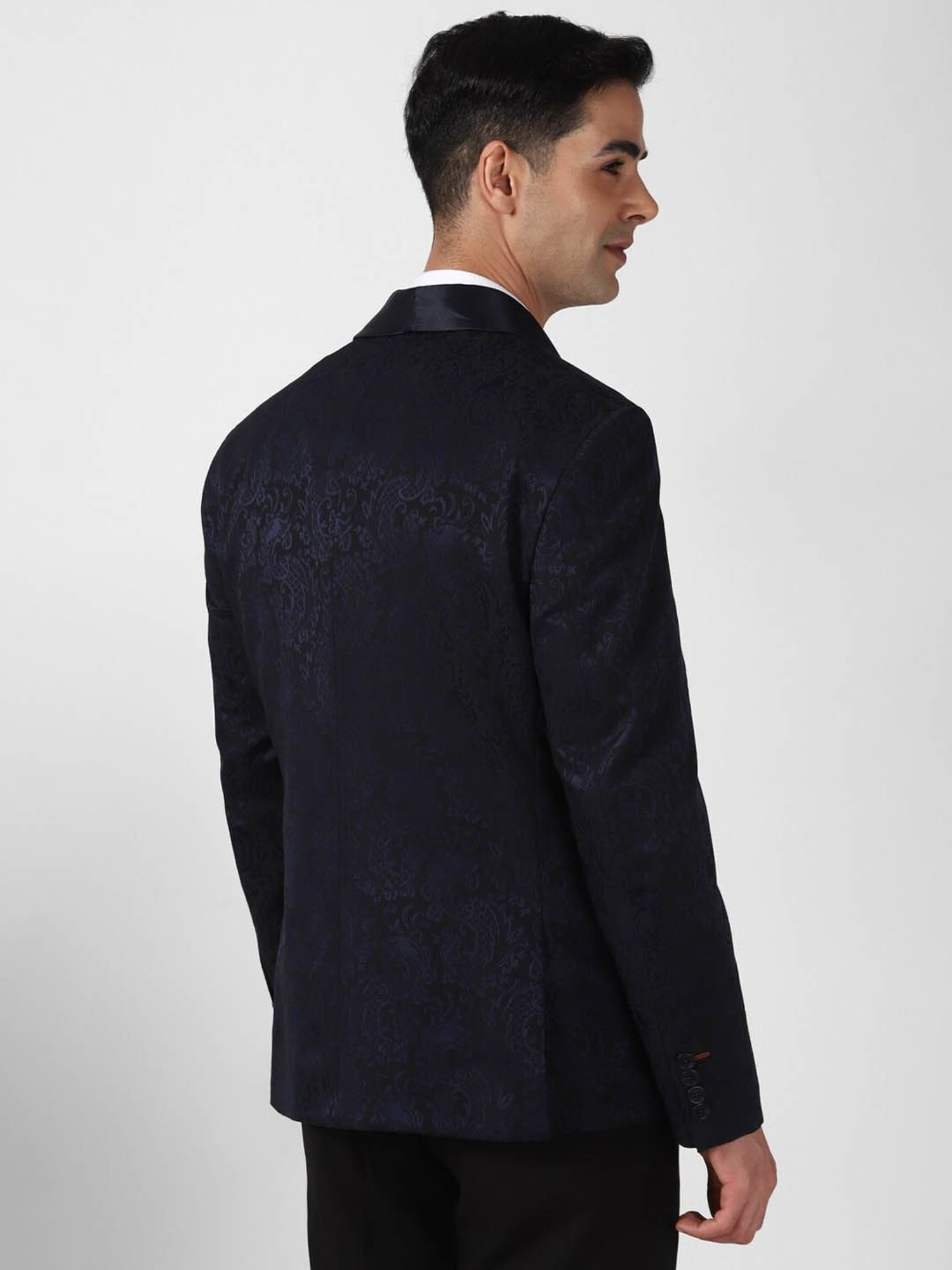 V Dot Navy Blue Skinny Fit Printed Blazer