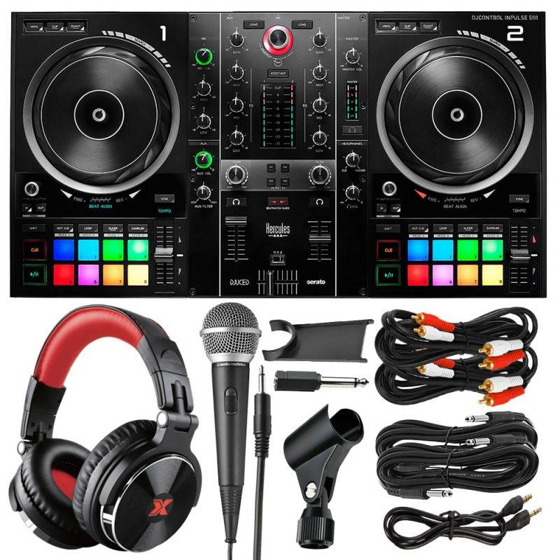 Hercules DJControl Inpulse 500 DJ Software Controller with XPIX Pro DJ Headphones, Dynamic Microphone, and Essential Cables