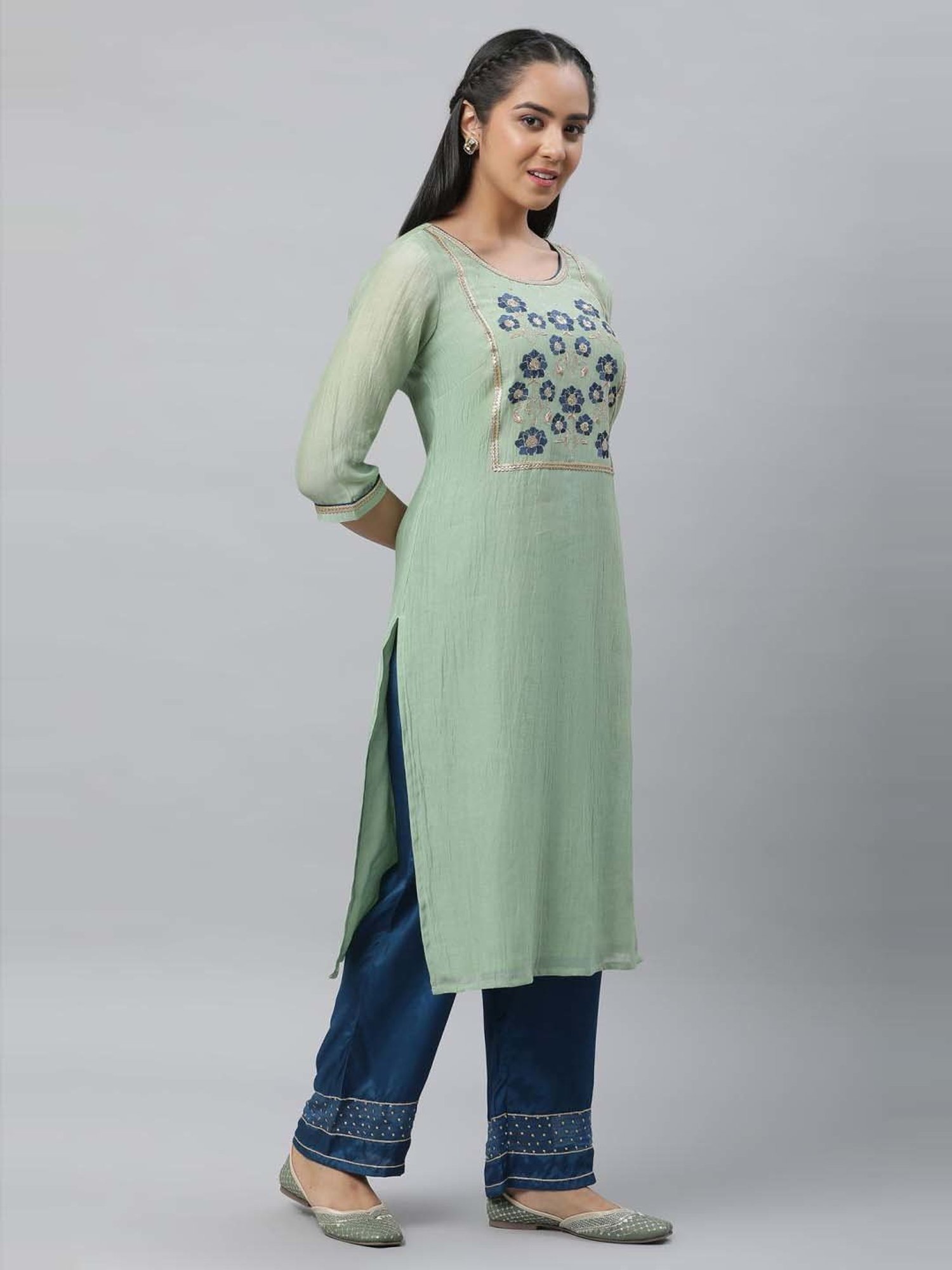 Aurelia Green & Blue Embroidered Kurta Palazzo Set With Dupatta