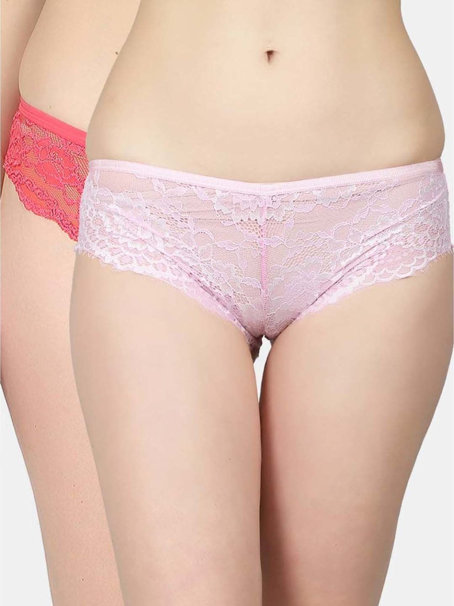 N-Gal Pink & Coral Lace Work Panties - Pack Of 2