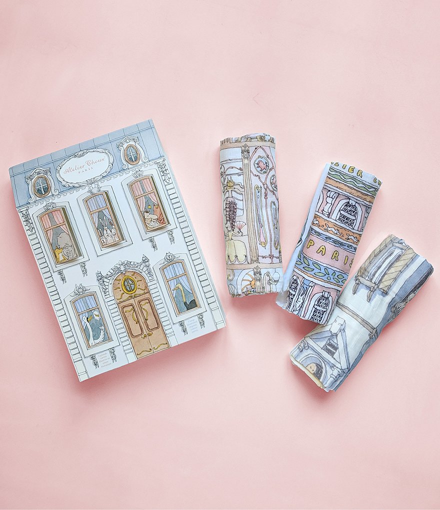 Atelier Choux Paris Organic Cotton Baby Dollhouse, Hot Air Balloon, Towers Bridge Swaddle Trio Gift Set