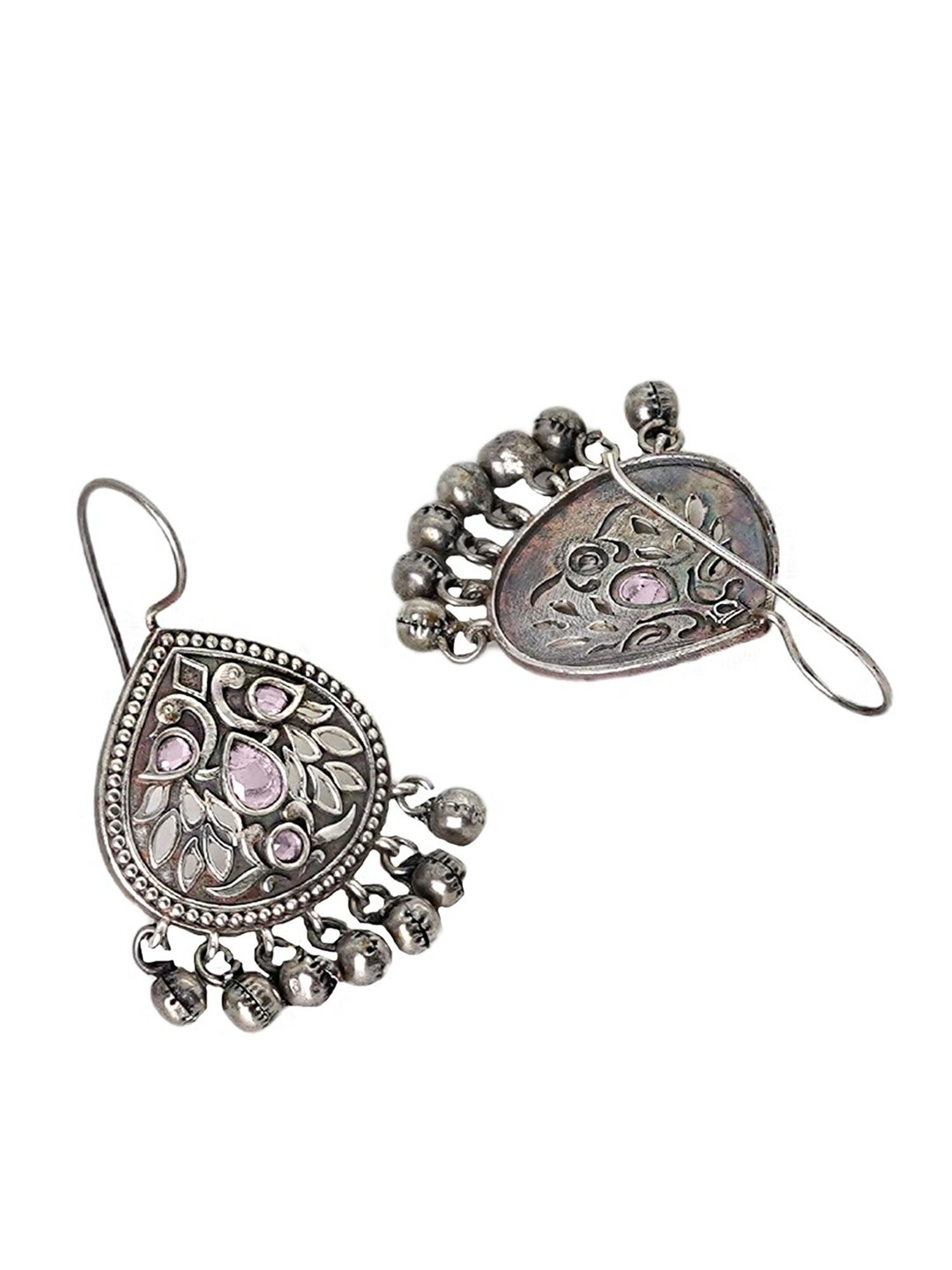 Teejh Ethnic Vanya Silver Oxidized Pink Dangler Earrings