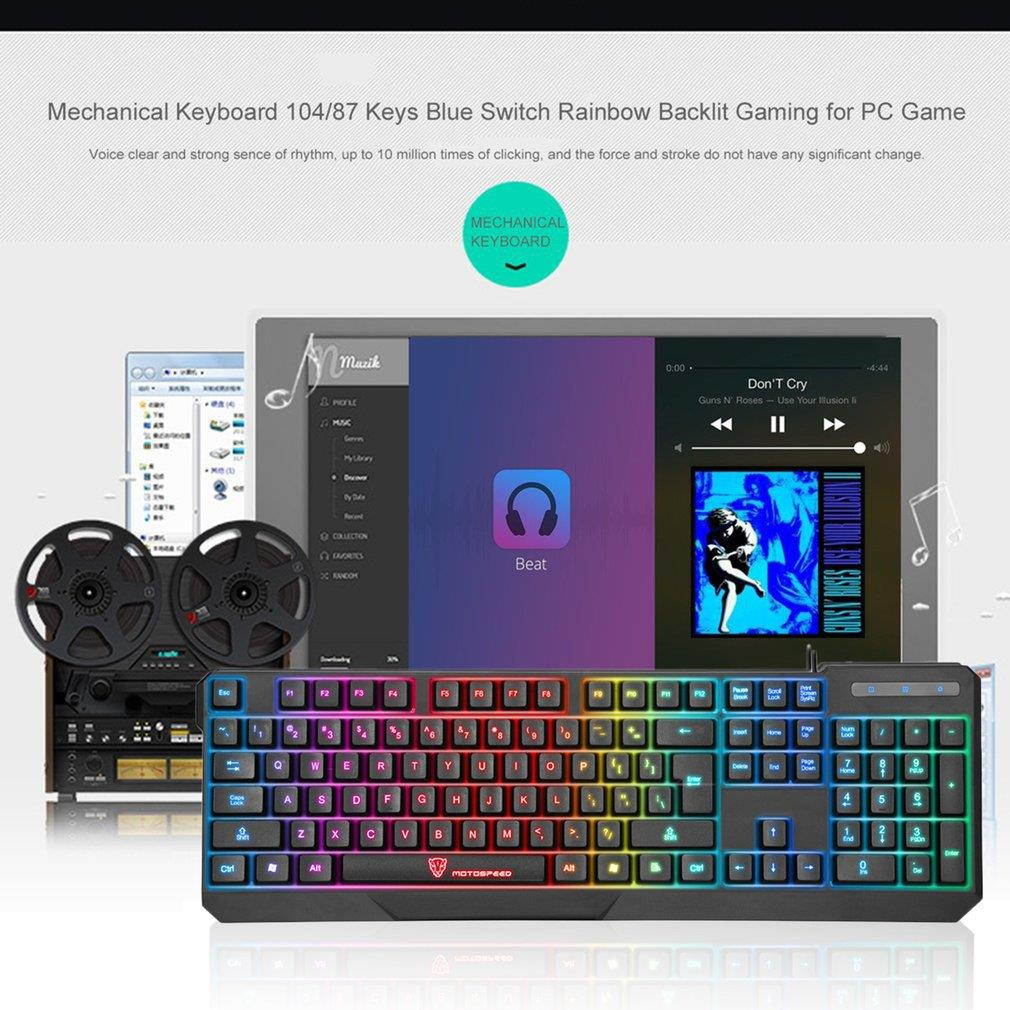 Wired Keyboard 104 Keys Blue Switch Rainbow Backlit Gaming for PC Game