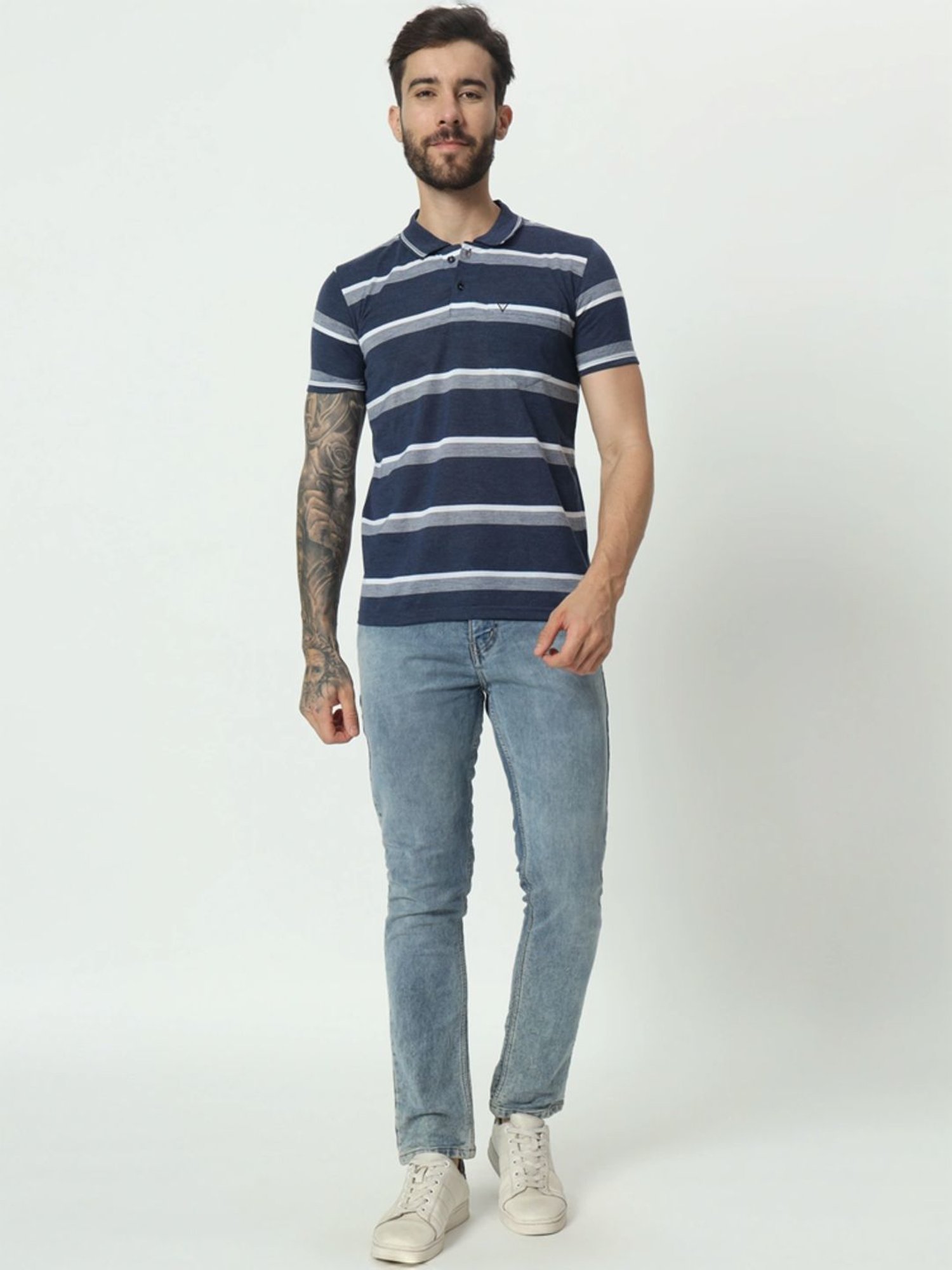 Tab91 Dark Blue Regular Fit Striped Polo T-Shirts