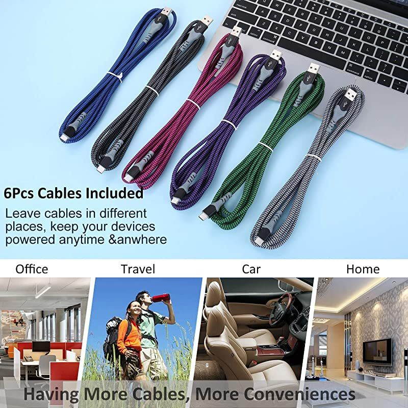USB Type C Cable 10ft Fast Charging,  (6Pack 10ft) USB-A to USB-C Charge Braided Cord Compatible with Samsung Galaxy S10 S10E S9 S8 S20Plus Note 10 9 8,Moto Z-Black,White,Blue,Green,Purple,Rose