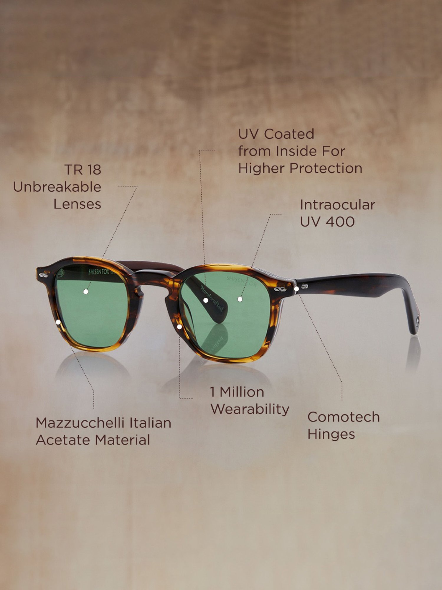 Shisen Fox Niko Brown Bamboo Square Unisex UV Protection Sunglasses -46 mm