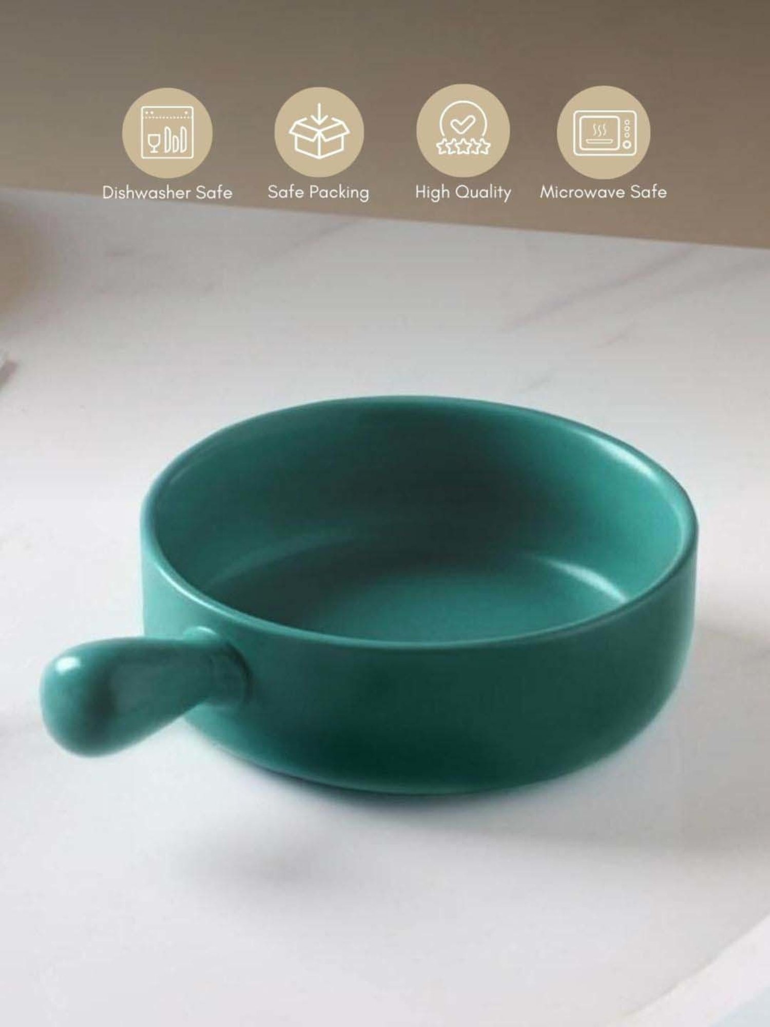 Nestasia Premium Quality Dark Green Ceramic Made Serving Bowl With Handle For Serving Snacks (600ml)