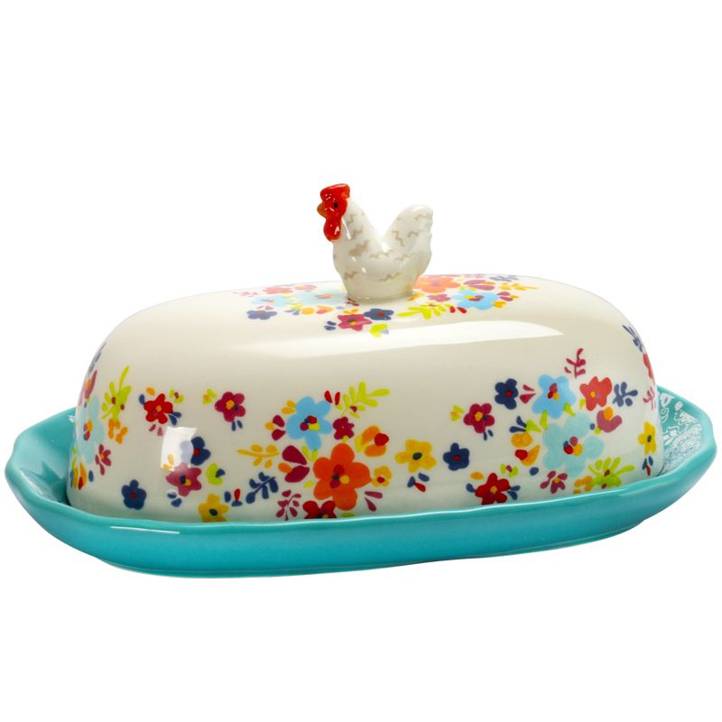 Gibson Urban Market Life on the Farm 8.75 Inch Ceramic Figural Rooster Butter Dish in Teal and Floral